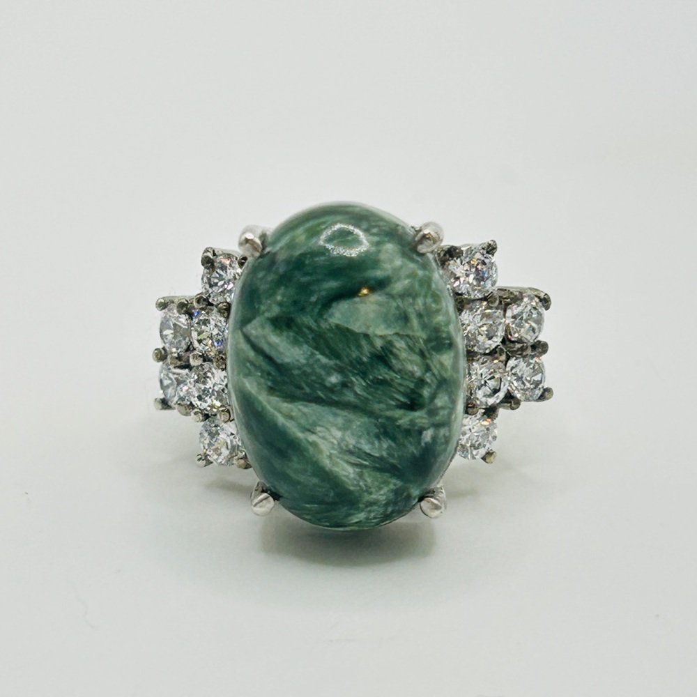 Seraphinite and Austrian Crystal Ring; Size 7; Stainless Steel
